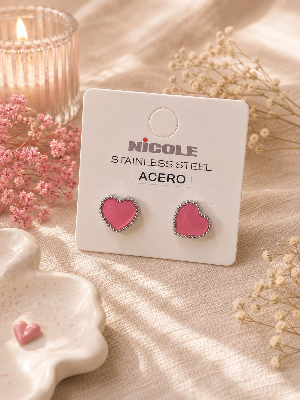Nicole Pink Heart Stainless Steel Studs with Beaded Edge